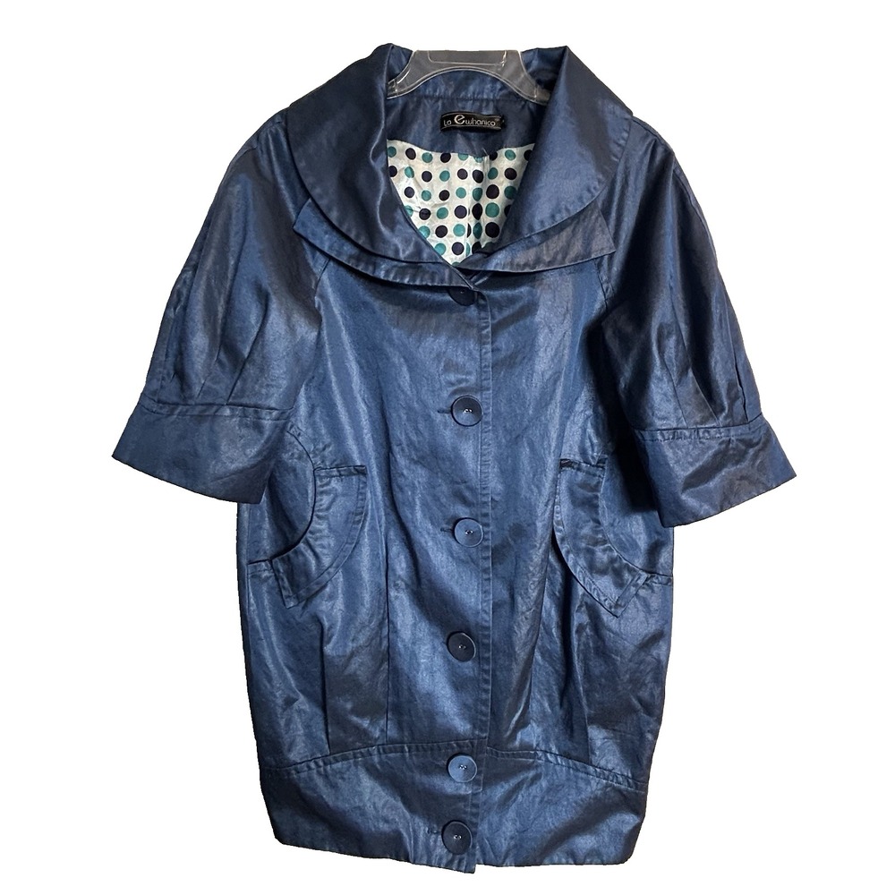 La Ewhanico Blue Coat Women's Size Small – Retro-Inspired with‎ Polka Dot Lining